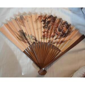 Hand Painted Paper and Bamboo Hand Fan Vintage Asian Japanese